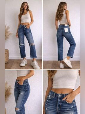 Lovervet High Rise Straight Crop Jeans Size 24 Distressed Raw Hem Dark Wash